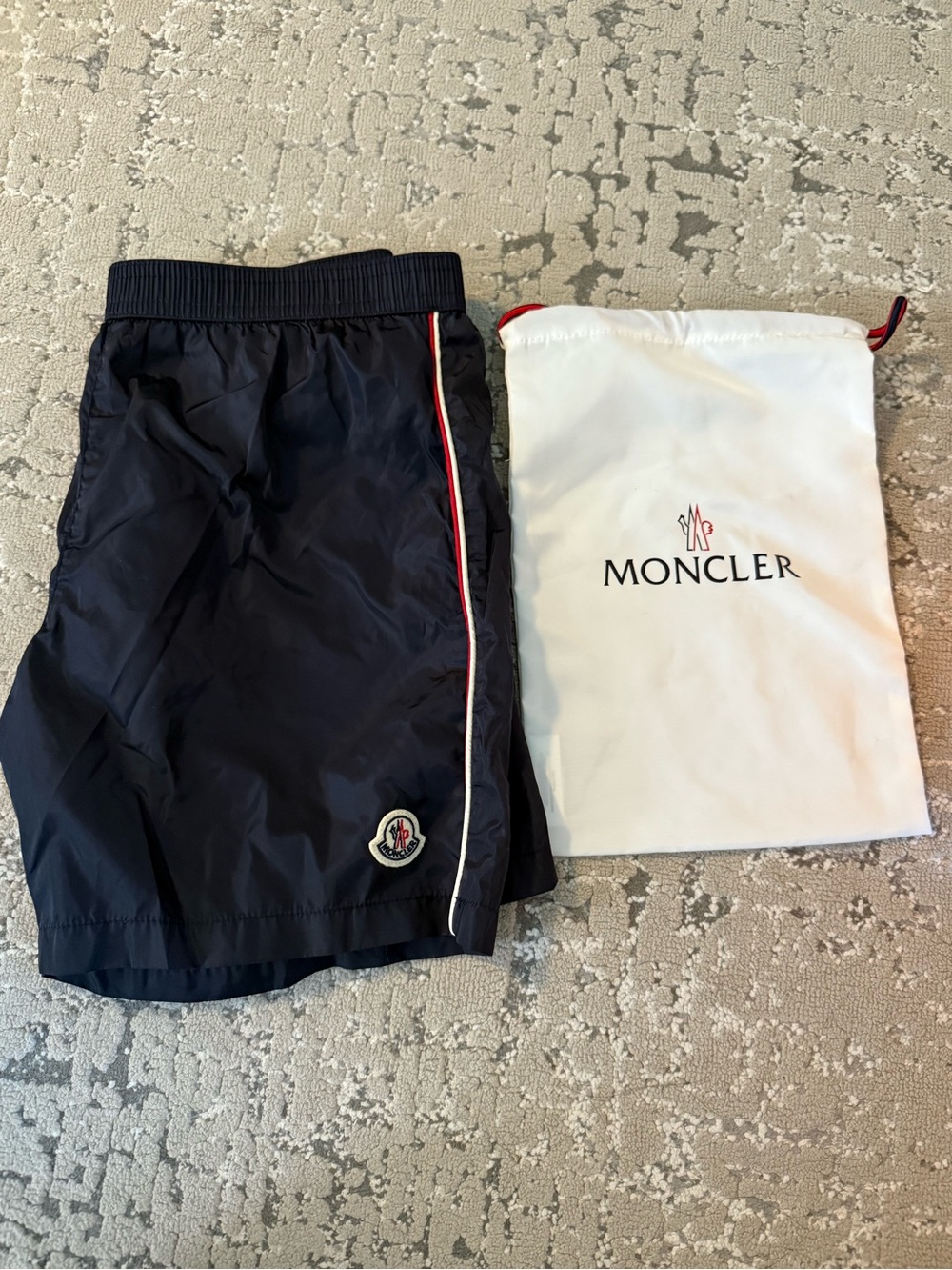 Moncler Navy Swim Shorts with Red and White Trim
